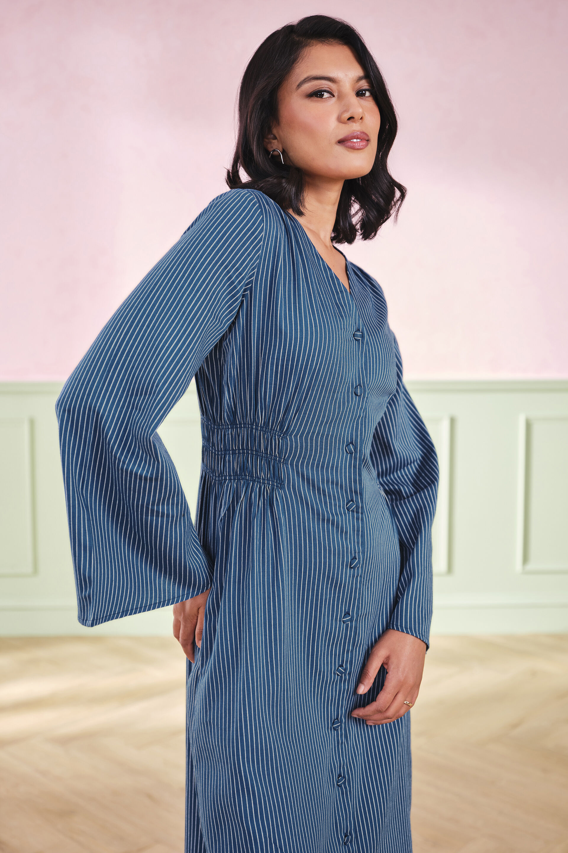 Chambray Charm Cotton Blend Dress, Blue, image 5